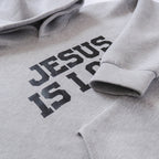 Gray hoodie with 'Jesus is Love' text on a light gray background